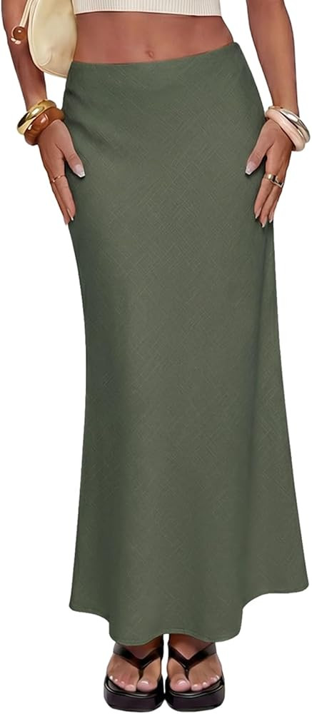 Women's Linen Maxi Skirt Elastic High Waisted White Summer Casual Clothes Long Skirts for Women | Amazon (US)