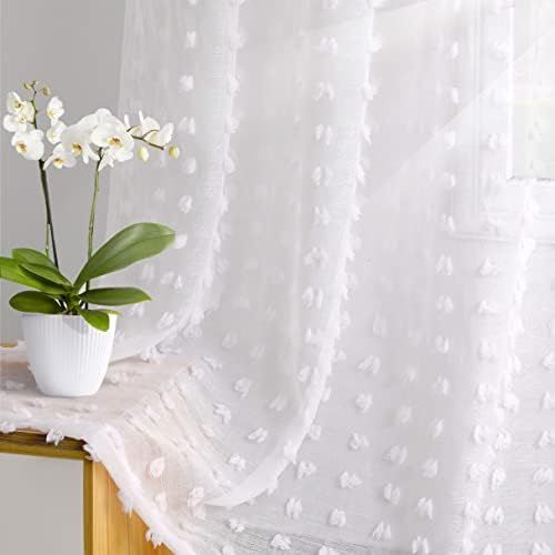 Amazon.com: White Sheer Curtain 84 Inch Length 2 Panels Set for Living Room - Pom Pom White Sheer... | Amazon (US)