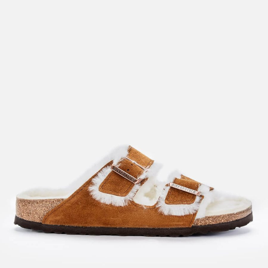 Birkenstock Women's Arizona Slim Fit Shearling Double Strap Sandals - Mink | Coggles (Global)