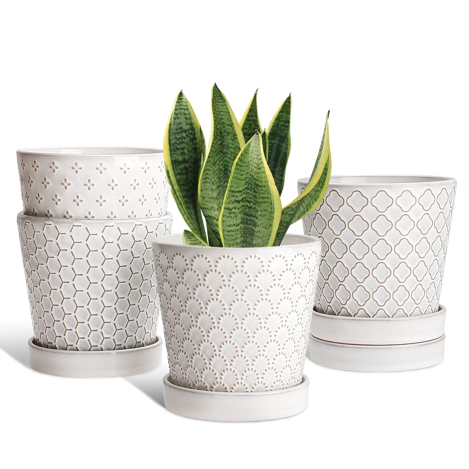 BUYMAX 5" White Ceramic Indoor Plant Pot with Drainage Holes & Tray, Relief Design Small Flower P... | Walmart (US)
