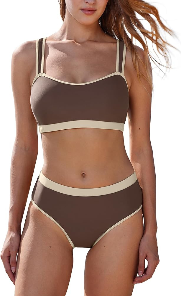 MOOSLOVER Women Bandeau High Waisted Bikini Sets Cheeky High Cut Swimsuit 2 Piece Bathing Suits | Amazon (US)