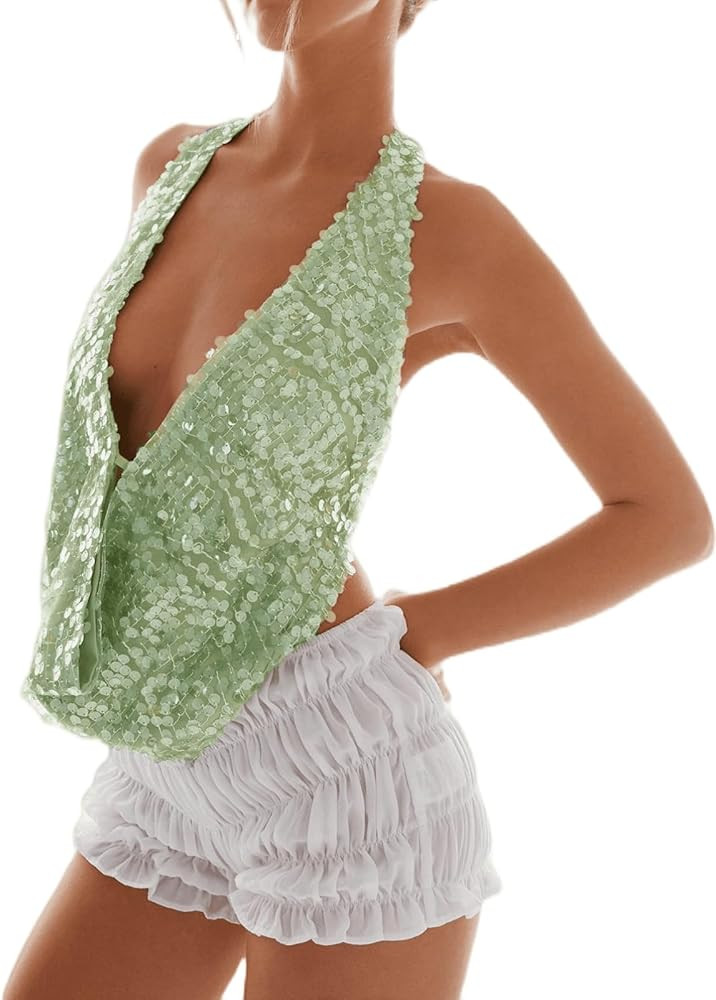 Women Y2k Sequin Beaded Cami Tops Backless Cowl Neck Spaghetti Strap Pearl Sparkle Glitter Croppe... | Amazon (US)