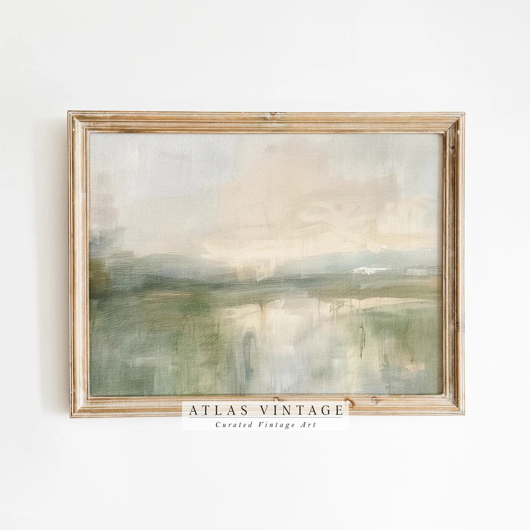 Green Modern Abstract Landscape Print, Minimal Rustic Neutral Oil Painting, Moody Beige Farmhouse... | Etsy (US)