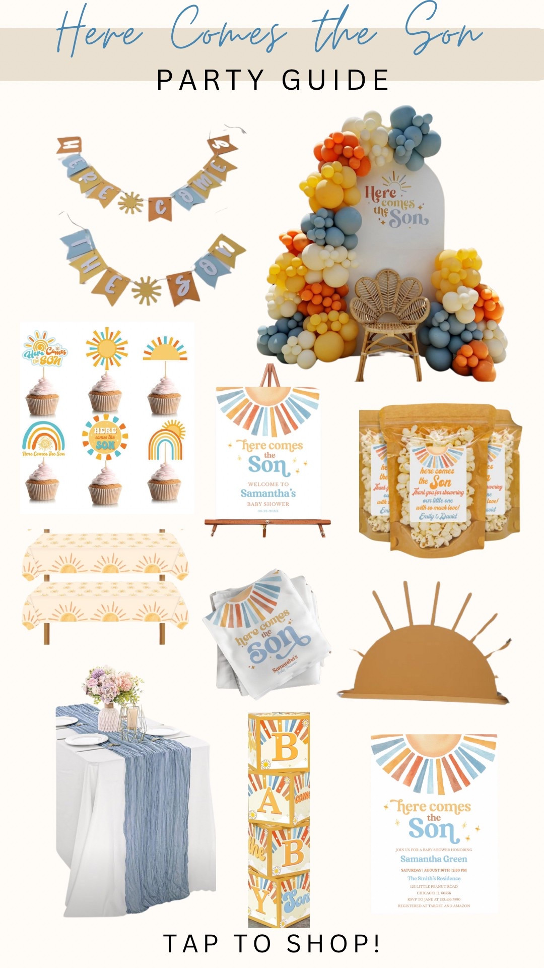 Here Comes the Son baby shower party guide/decor!☀️👶🏼🩵 #herecomestheson #boybabyshower #sunbabyshowertheme #rainbowbabyshower #herecomesthesonshowerdecor 

#LTKBaby #LTKParties #LTKBump