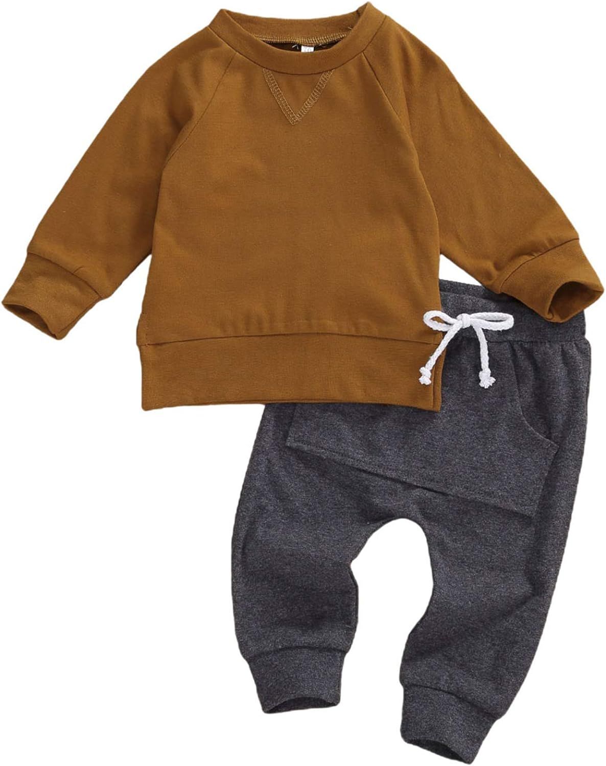 Toddler Baby Boy Clothes 2pcs Fall Outfits Long Sleeve Solid Sweatshirt T-Shirt Top Striped Draws... | Amazon (US)