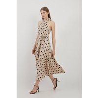 Polka Dot Premium Linen Tailored Halterneck Full Skirted Midi Dress | PrettyLittleThing UK