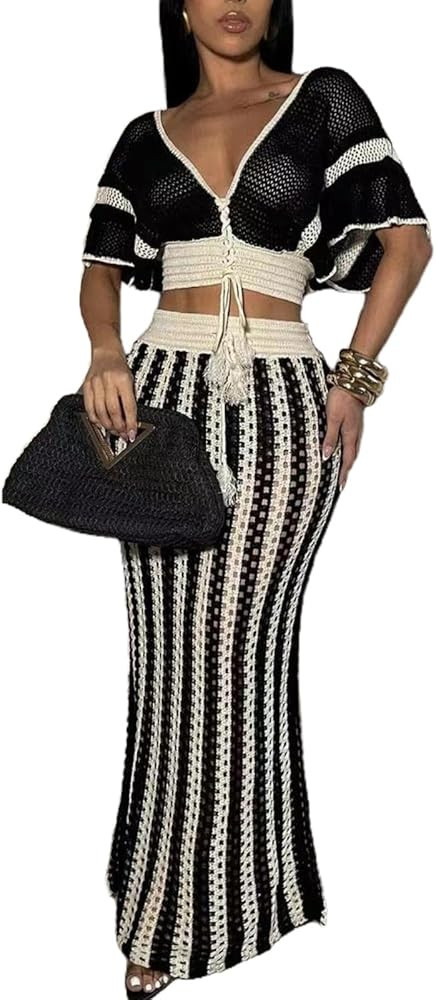 Womens Knit 2 Piece Outfits Short Sleeve Hollow Out Top Striped Maxi Skirt Summer Vacation Sets | Amazon (US)