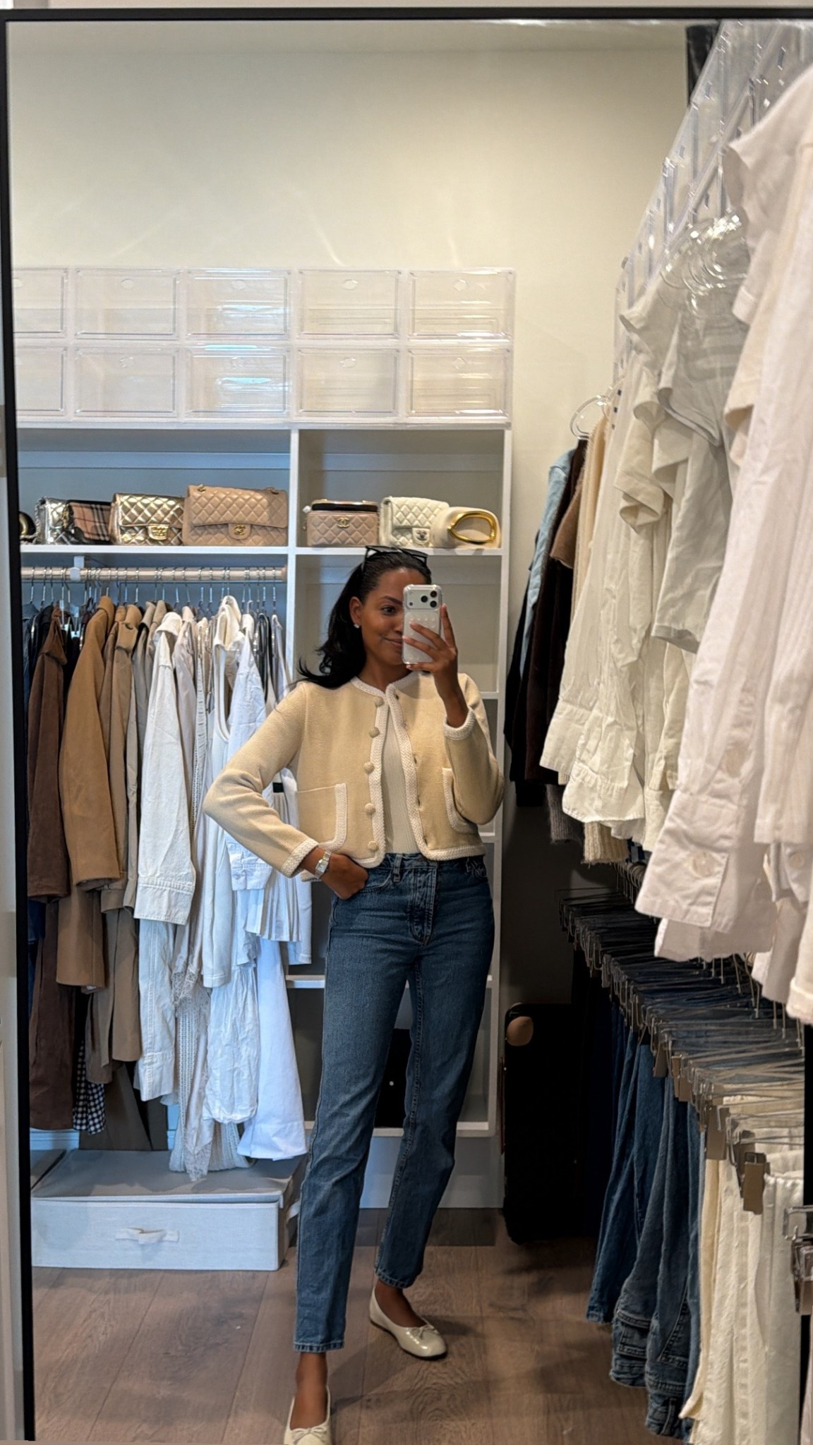 Casual Chic Outfit | everyday style, cardigan outfit, denim, skinny jeans outfit, classic preppy style, old money outfit, running errands outfit, ballet flats, neutral style, work outfit  

#LTKWorkwear #LTKShoeCrush #LTKStyleTip