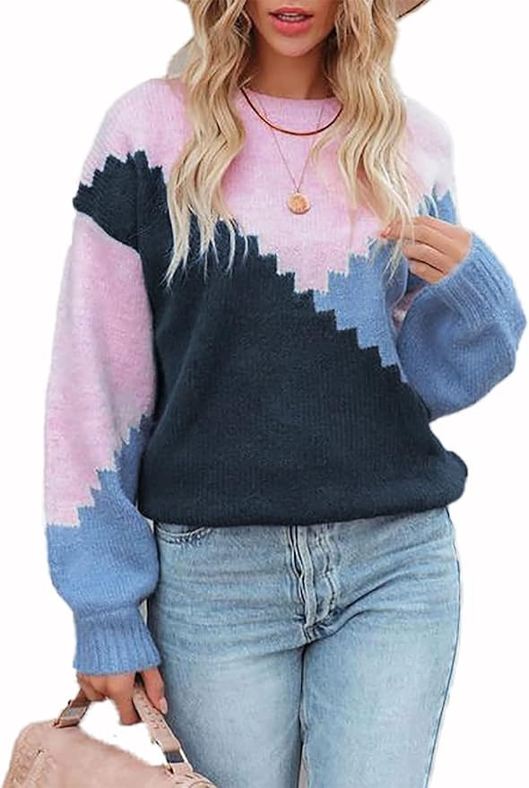 Necooer Womens Sweater Pullover Casual Long Sleeve Crewneck Color Block Pullover Knit Sweater for... | Amazon (US)