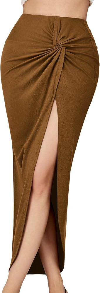 Amoretu Women Summer Midi Skirt with slit Asymmetrical Elastic Ruched Wrap Flowy High Waist Maxi ... | Amazon (US)