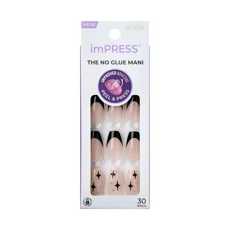 Impress Design Press On Nails No Glue Needed Black Tip Medium Length Coffin Shape 30 Ct. | Walmart (US)