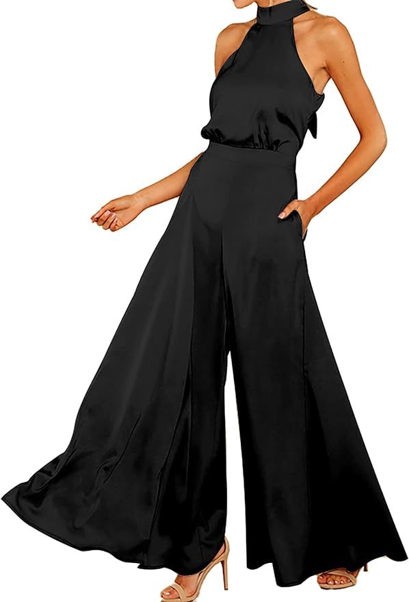 S・DEER Womens Sleeveless Halter Tied Jumpsuit with Pockets High Waist Wide Leg Pants for Women | Amazon (US)