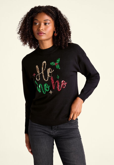 Womens Black Sequin Christmas Ho Ho Ho Jumper | Peacocks