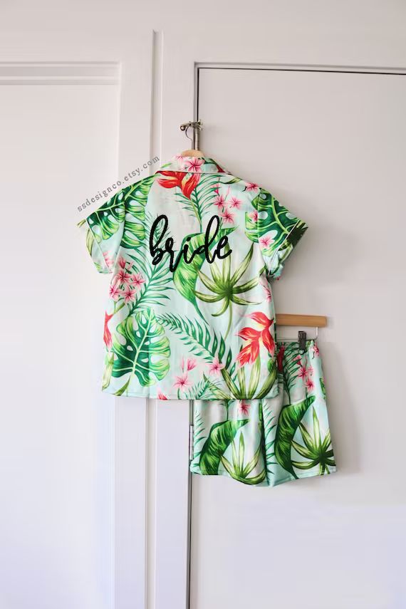 green palm leaf pajama set, tropical pajamas, monogram pajamas, custom wedding pajamas, bridesmai... | Etsy (US)