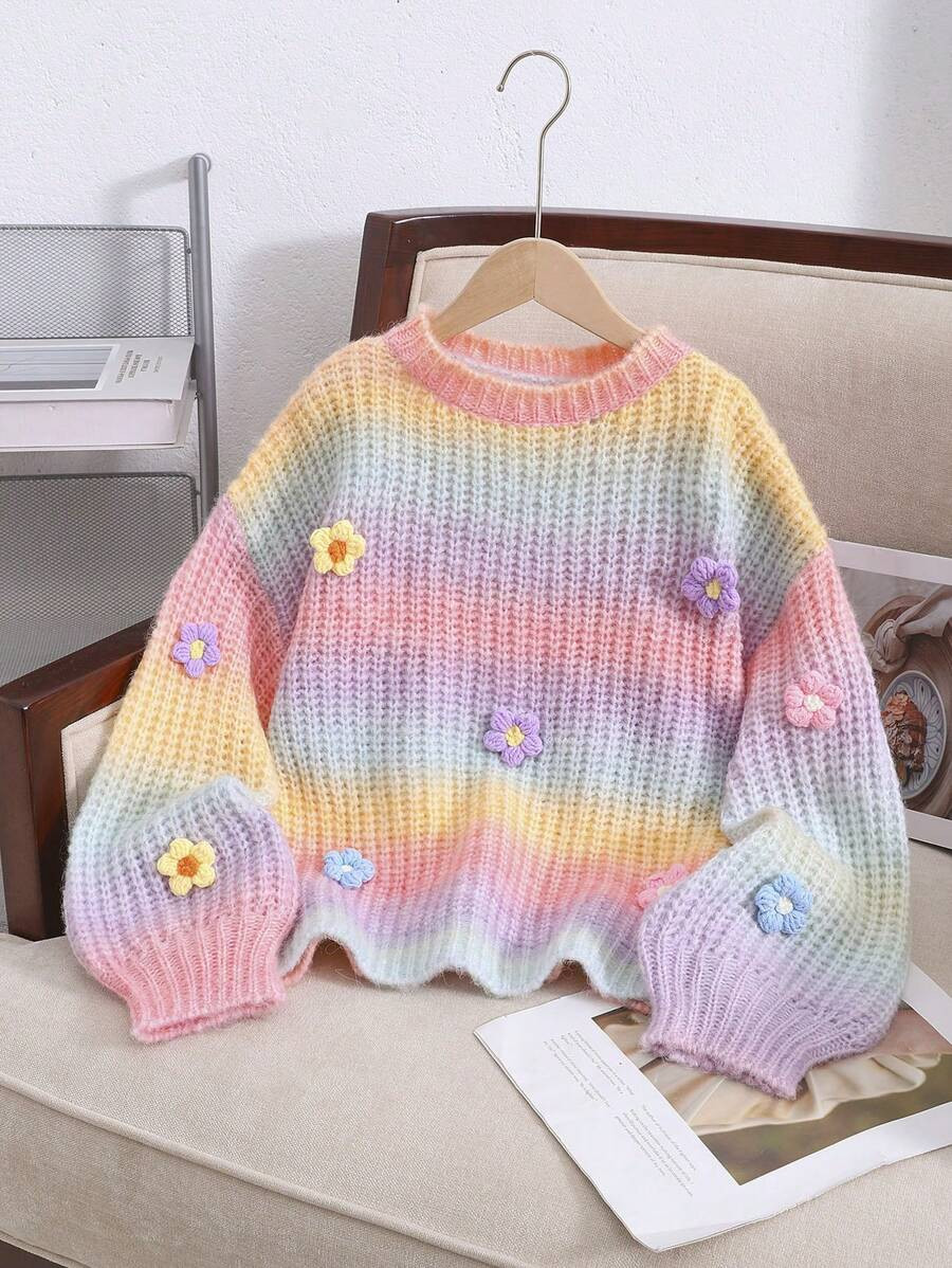 Tween Girls' Colorful Contrast Floral 3D Decoration Loose Casual Pullover Sweater, Gradient Color | SHEIN