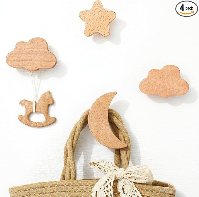 Wood Wall Hooks Baby Nursery Coat Hooks Star Moon Cloud Shaped Wooden Heavy Duty Wall Hook for Ha... | Amazon (US)