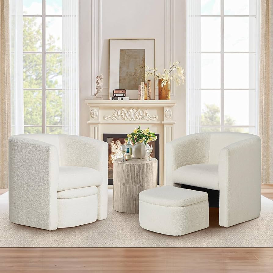 COLAMY Upholstered Sherpa Barrel Accent Chair with Storage Ottoman Set of 2, Morden Living Room S... | Amazon (US)