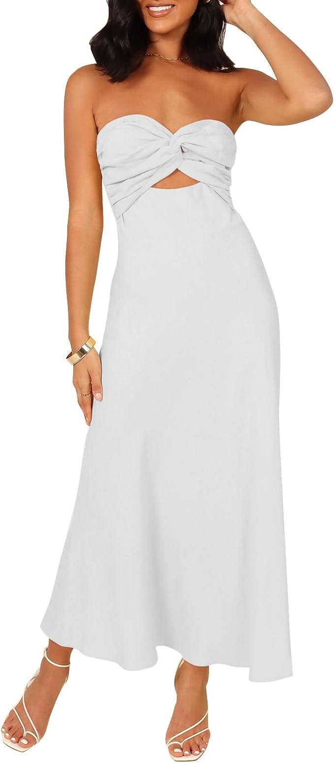 LILLUSORY Women Cotton Linen Strapless Twist Knot Front Bandeau Tube Maxi Dresses | Amazon (US)
