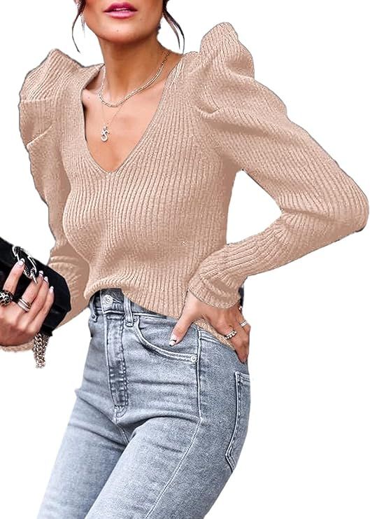 PRETTYGARDEN Women's Rib Knit Pullover Sweater Casual Long Puff Sleeve V Neck Solid Color Jumper ... | Amazon (US)