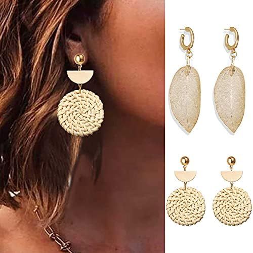 VFlowee Rattan Earrings Set Leaf Lightweight Gold Woven Bohemian Earrings Handmade Straw Wicker B... | Amazon (US)