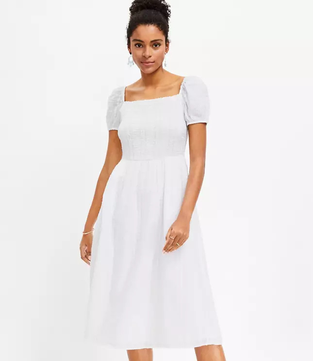 Smocked Puff Sleeve Midi Pocket Dress | LOFT