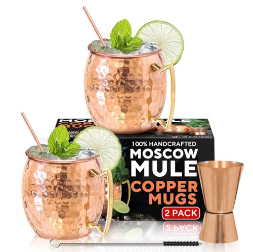 Benicci Moscow Mule Copper Mugs - Set of 2, 100% HANDCRAFTED - Food Safe Pure Copper Solid Mugs - 16 oz Gift Set with Premium Quality Cocktail Straws, Straw Cleaning Brush and Jigger! | Amazon (US)