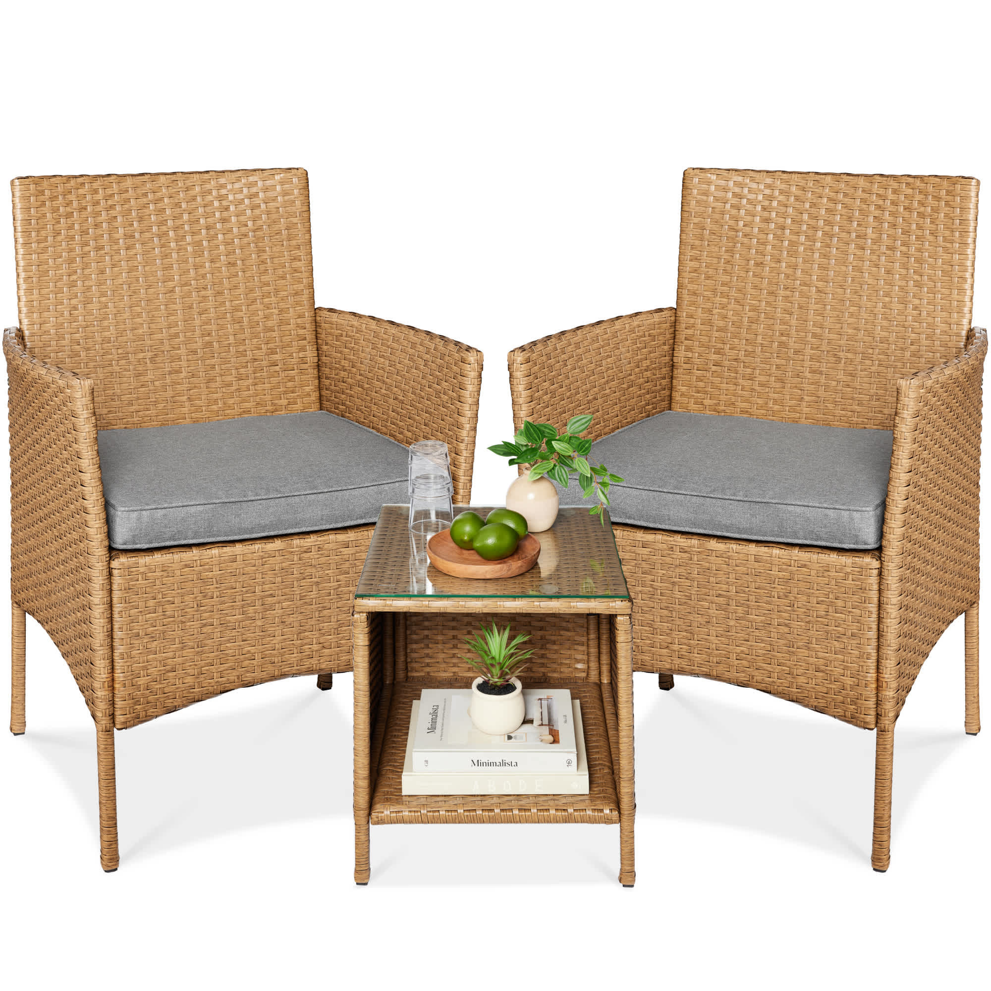 Best Choice Products 3-Piece Outdoor Wicker Conversation Patio Bistro Set w/ 2 Chairs Table - Natural/Cement Gray one_size | SKY7605 | Lowe's