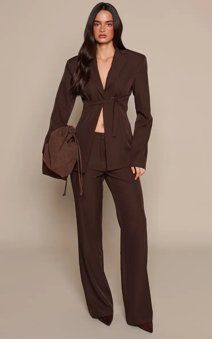 Dark Brown Wide Leg Tailored Trousers Co-ord | PrettyLittleThing USA | PrettyLittleThing US