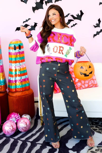 DOORBUSTER TWT\u00ae Trick Or Treat Ivory & Purple Long Sleeve Sweatshirt | The Willow Tree