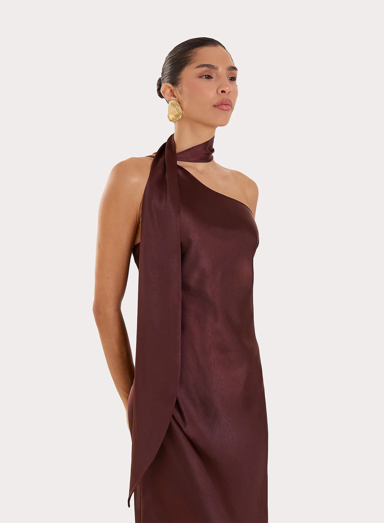 Women's Chocolate Satin One Shoulder Maxi Dress | Ellen | 4th & Reckless | 4th & Reckless