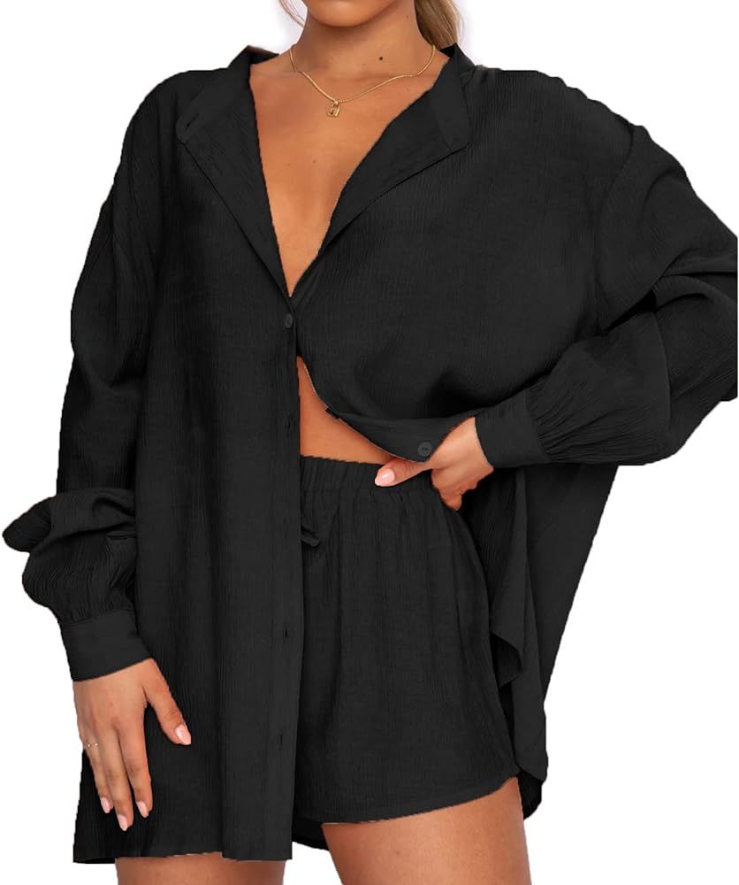 Women Linen Set 2 Piece Shorts Set Long Sleeve Button Shirt Top and Drawstring Shorts Summer Outfits | Amazon (US)