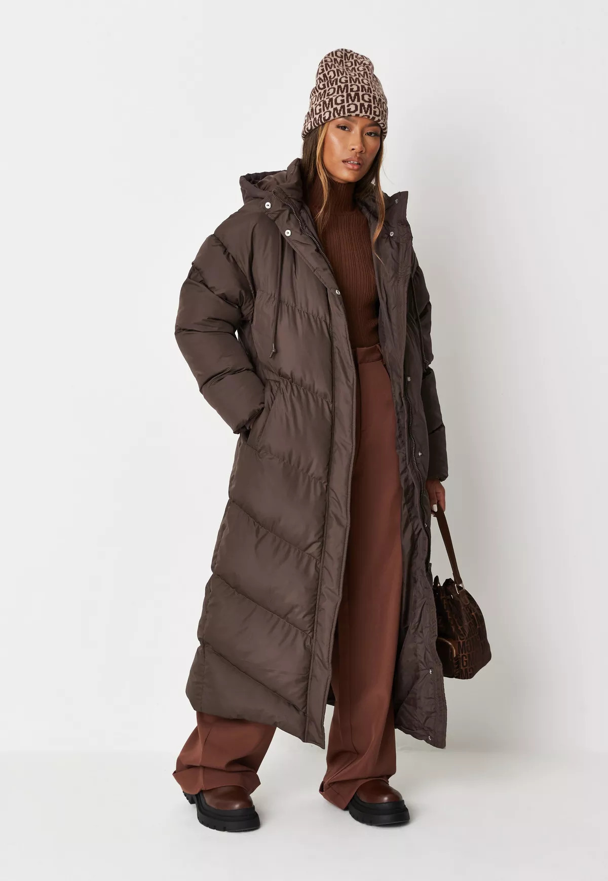 Missguided - Chocolate Chevron Maxi Puffer Coat | Missguided (US & CA)