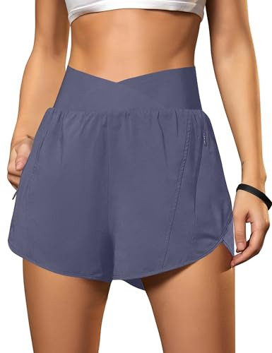 Blooming Jelly Women's Workout Shorts Athletic Running Elastic High Waisted Black Gym Yoga Shorts with Zipper Pockets (Bluish Grey,Medium) | Amazon (US)