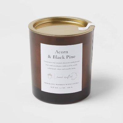 Clear-Colored Glass Candle with Woodwick & Brass Inset Lid Brown Acorn and Black Pine - Threshold... | Target