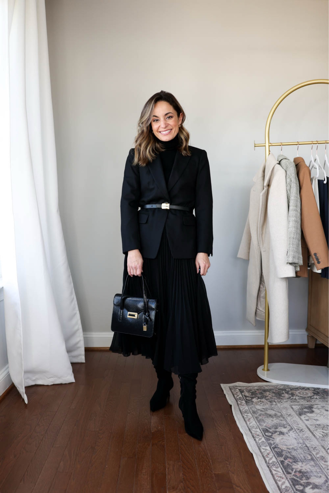 Winter workwear capsule series: black pleated skirt outfits

This capsule has 16 pieces (not including shoes and bags) and 30 outfits! 

Black turtleneck (aritzia): xs 
Black blazer (j.crew): petite 00 
Black skirt (aritzia): xs 
Also linking a similar skirt from Amazon - I wear that skirt in small, link shows a green skirt, it also comes in black

My measurements for reference: 4’10” 105lbs bust, waist, hips 32”, 24”, 35” size 5 shoe. 25” inseam measurement to my ankle bone.

#LTKWorkwear