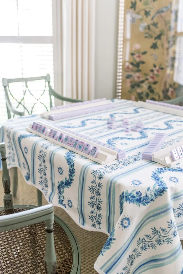 Scalloped Square Table Topper | Boxwood Garden - Delft Blue | Frances Fields Home