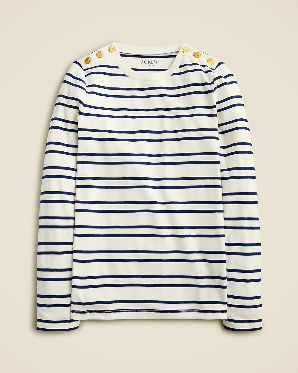 Perfect-fit long-sleeve crewneck T-shirt with lion buttons in stripe | J. Crew US