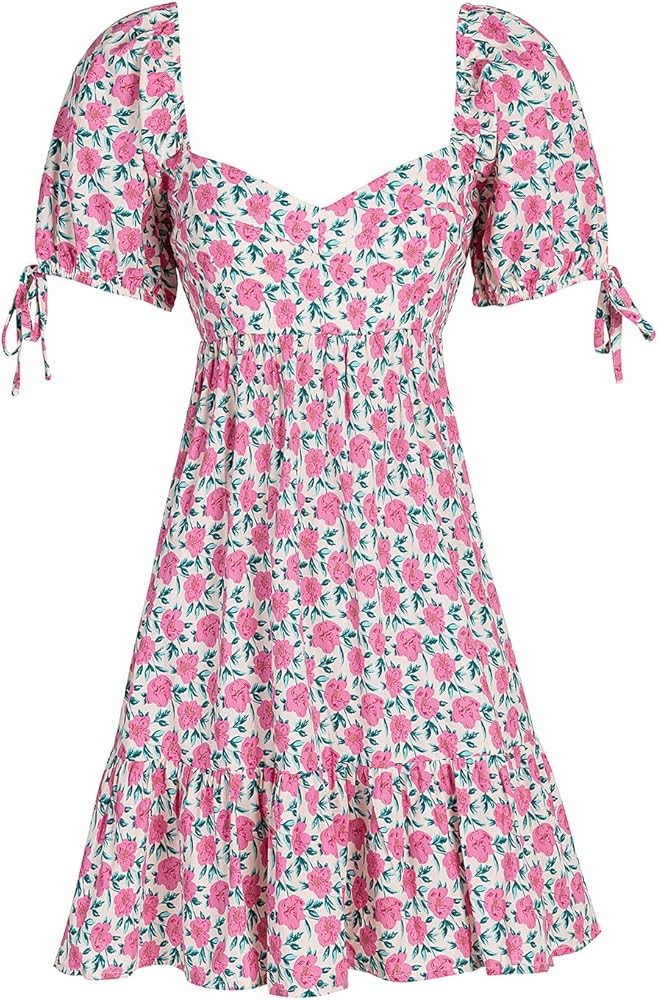 Womens Square Neck A-Line Dress Boho Floral Casual Puff Short Sleeve Mini Dresses | Amazon (US)