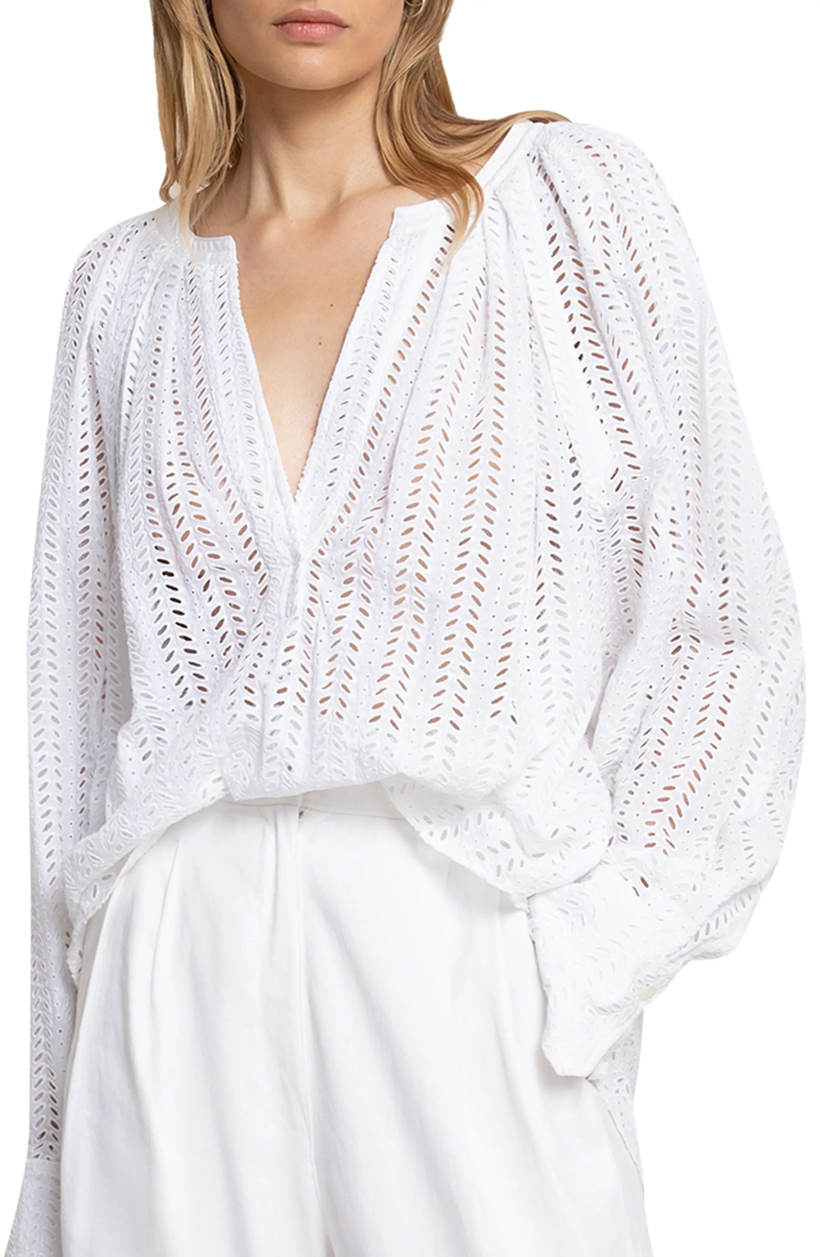 A.L.C. Nomad Long Sleeve Cotton Eyelet Blouse in Off White at Nordstrom | Nordstrom