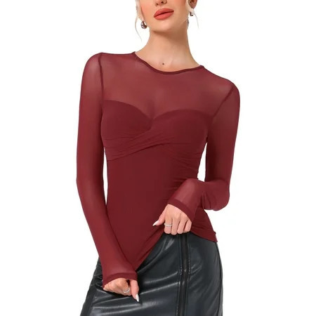 DARING DIVA Women s Mesh Long Sleeve See Through Sheer Top S Dark Red | Walmart (US)
