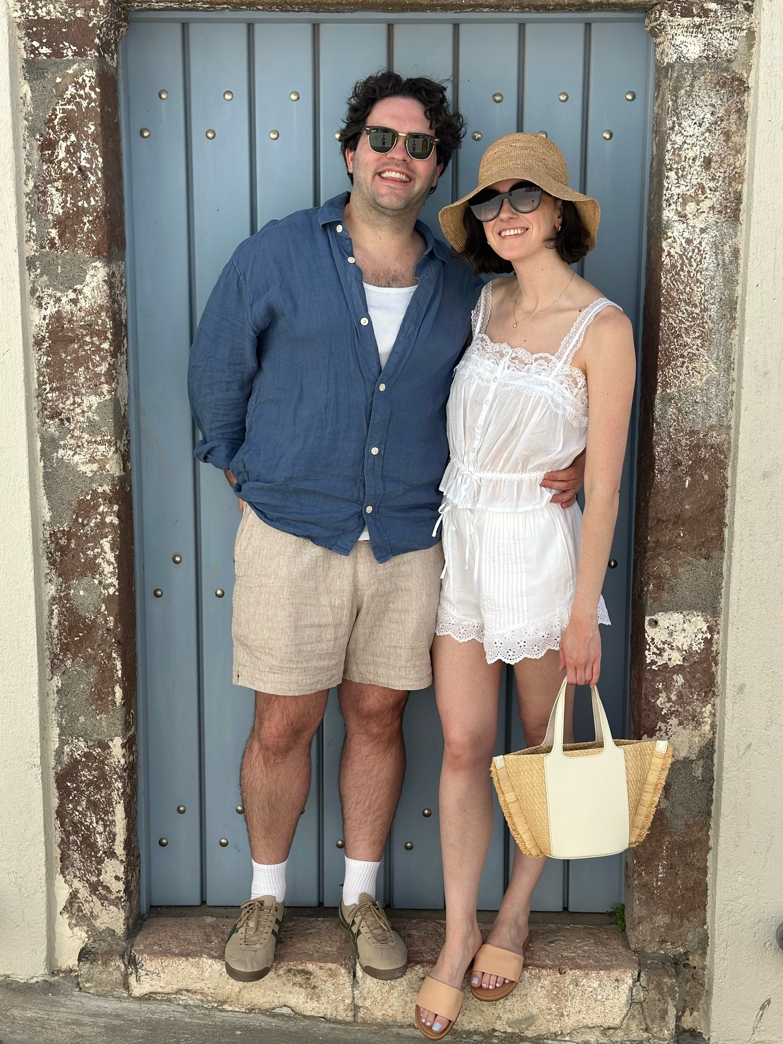His & hers outfits in Santorini 🇬🇷💙 

I’m wearing: Abercrombie white cotton set (size small); Fitory slide sandals (they are so comfy & run TTS) 
Freddy’s wearing: linen button down & shorts (size XL)