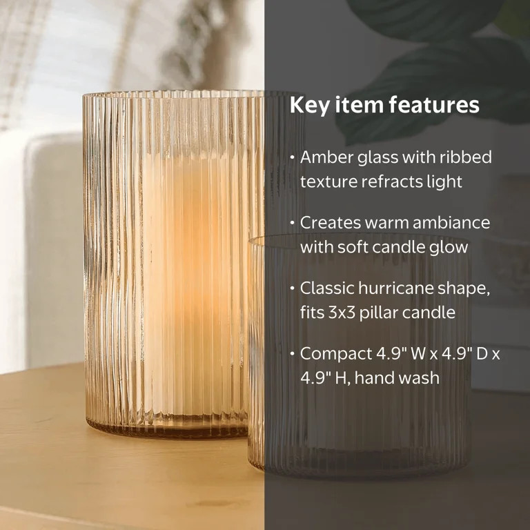 Better Homes & Gardens Amber Glass Ribbed Hurricane Candleholder, Medium, 5 in | Walmart (US)