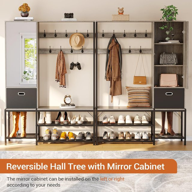 Coat Tree with Shoe Bench and Mirror Cabinet,Entryway Coat Rack with Storage Shelves and Fabric D... | Walmart (US)