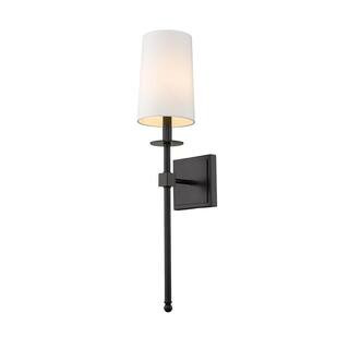 1-Light Matte Black Wall Sconce with White Fabric Shade | The Home Depot