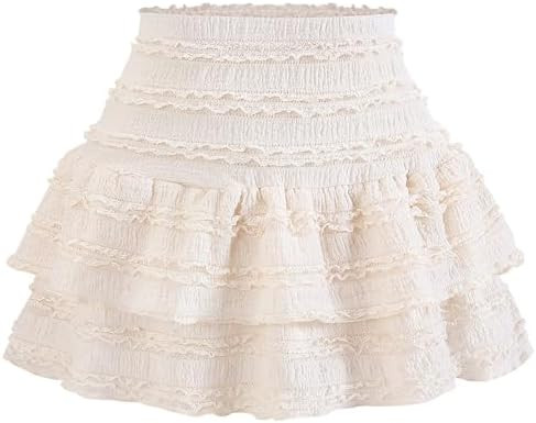 Women's Pleated Ruffle Mini Skirt Lace High Waist Layered Flared Flowy Tiered Short Skirt | Amazon (US)