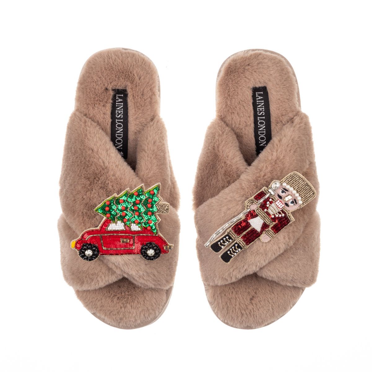 Classic Laines Slippers With Christmas Red & Gold Nutcracker & Car Brooches - Toffee | Wolf & Badger (US)