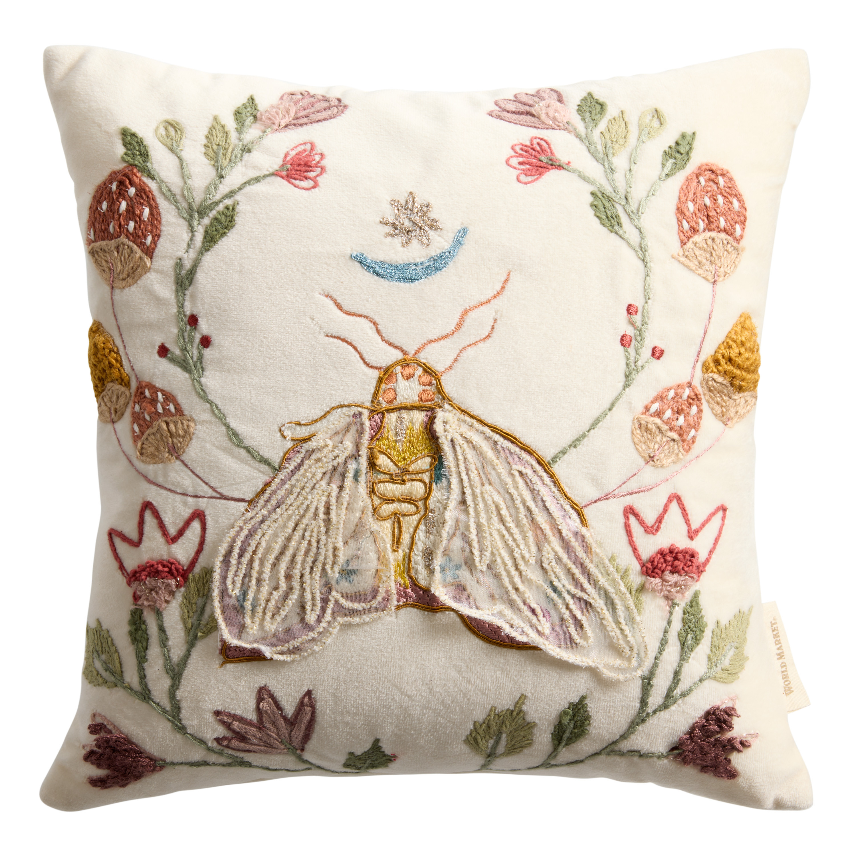 Ivory and Brown Velvet Embroidered Moth Throw Pillow | World Market