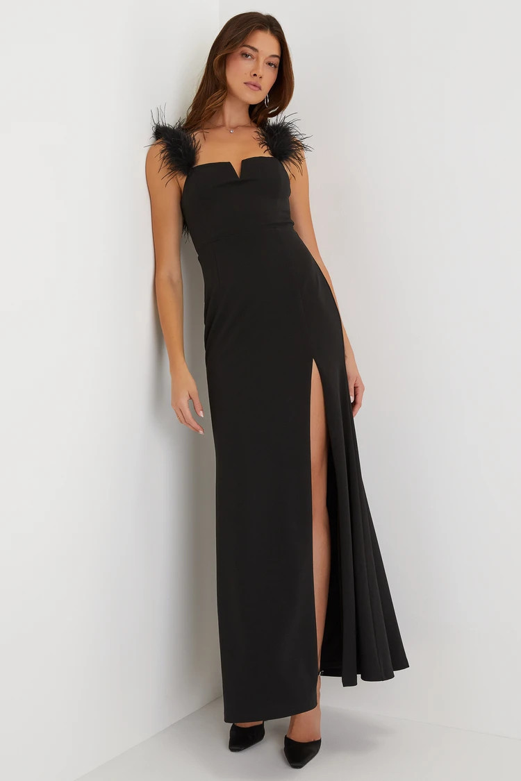 Glamorous Impression Black Feather Strap Mermaid Maxi Dress | Lulus (US)