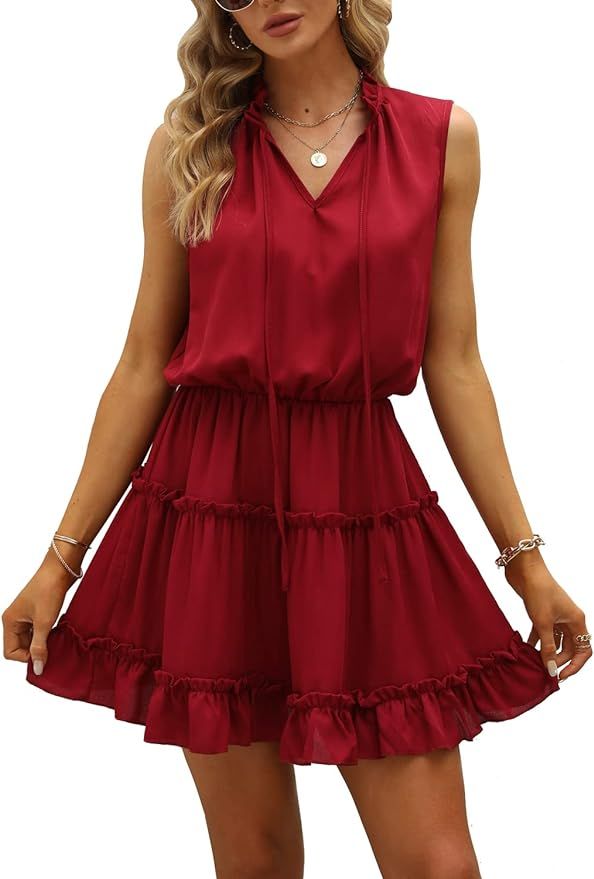 ASXLAC Womens Tiered Swing Mini Dress Casual A Line Summer Ruffle V Neck Tank Dresses | Amazon (US)