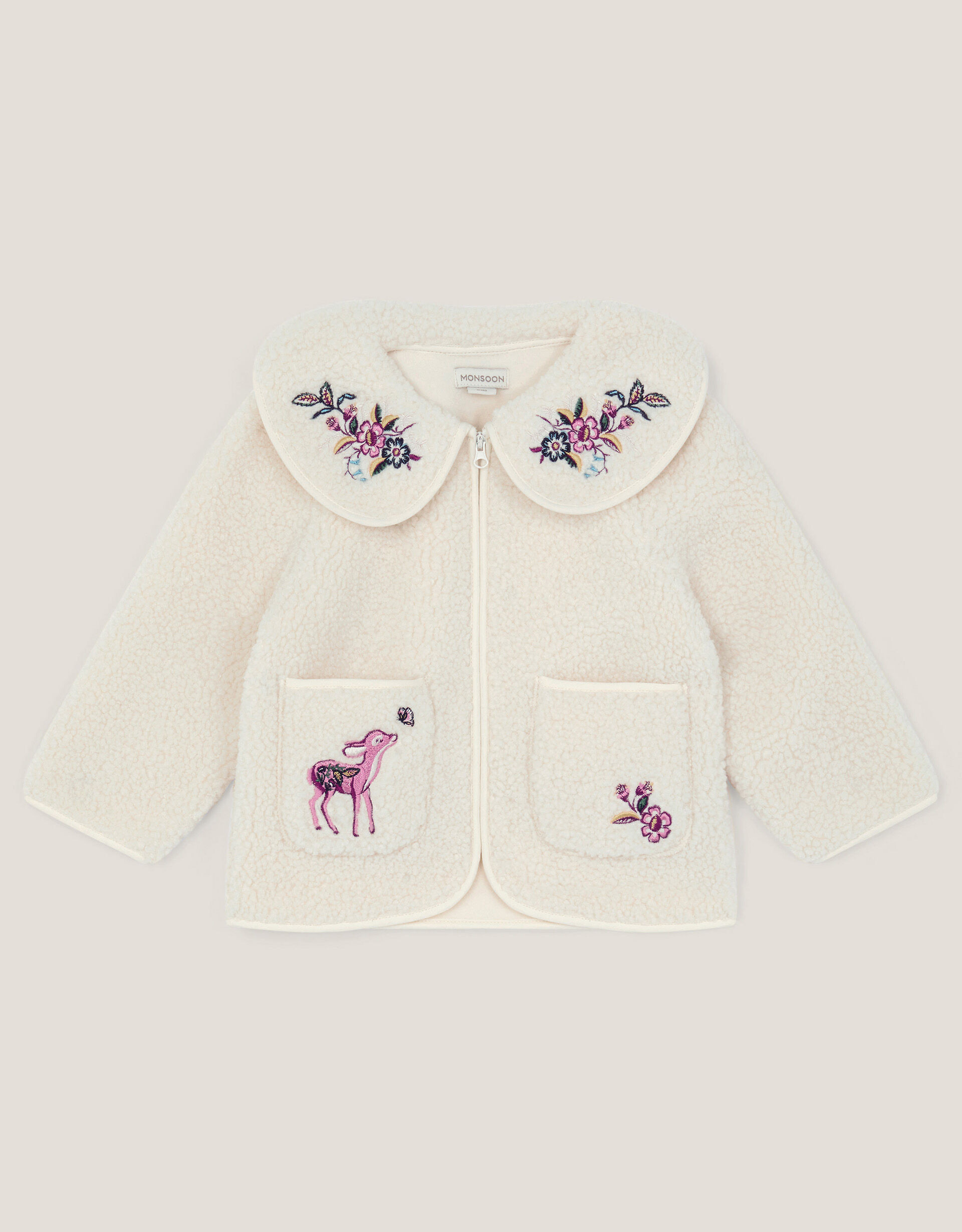 Baby Embroidered Borg Fleece Jacket Cream | Monsoon (UK)